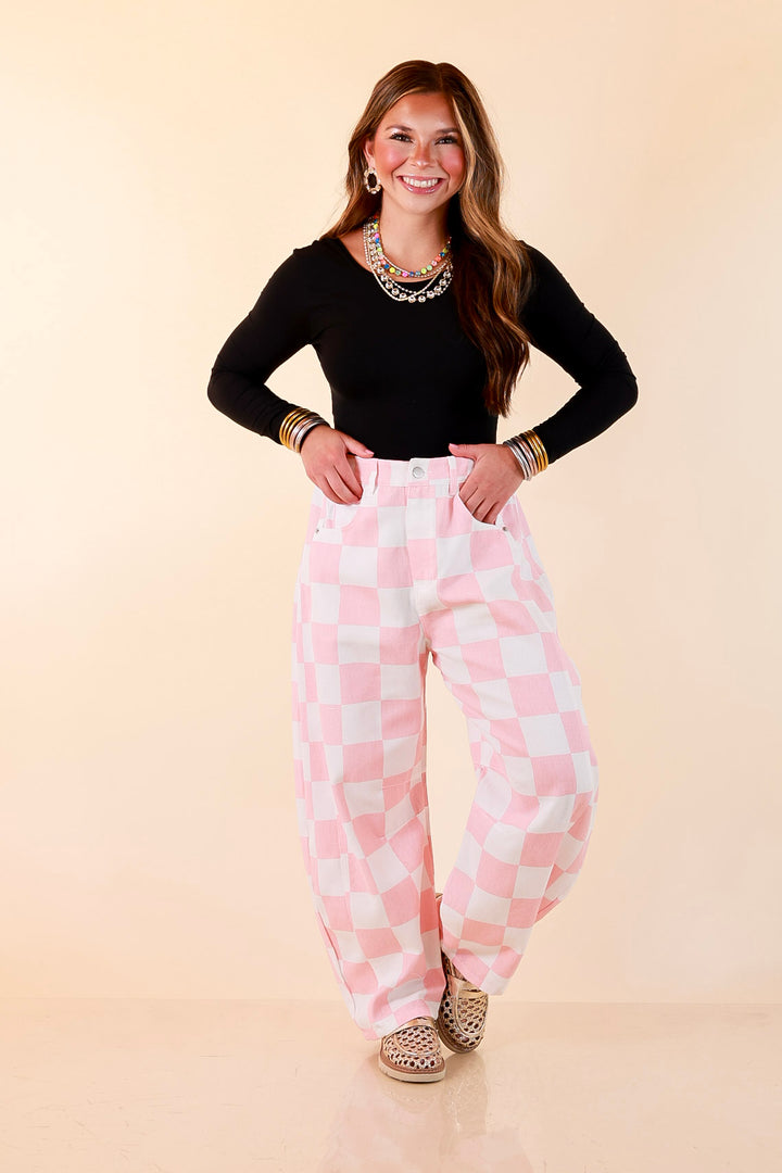 Check Me Out Wide Leg Checkered Print Barrel Denim Jean in Pink