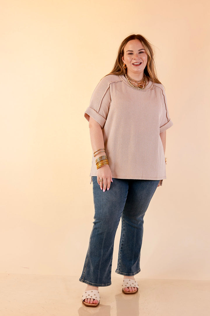 Daily Perfection Scoop Neck Short Sleeve Ribbed Top in Natural Brown