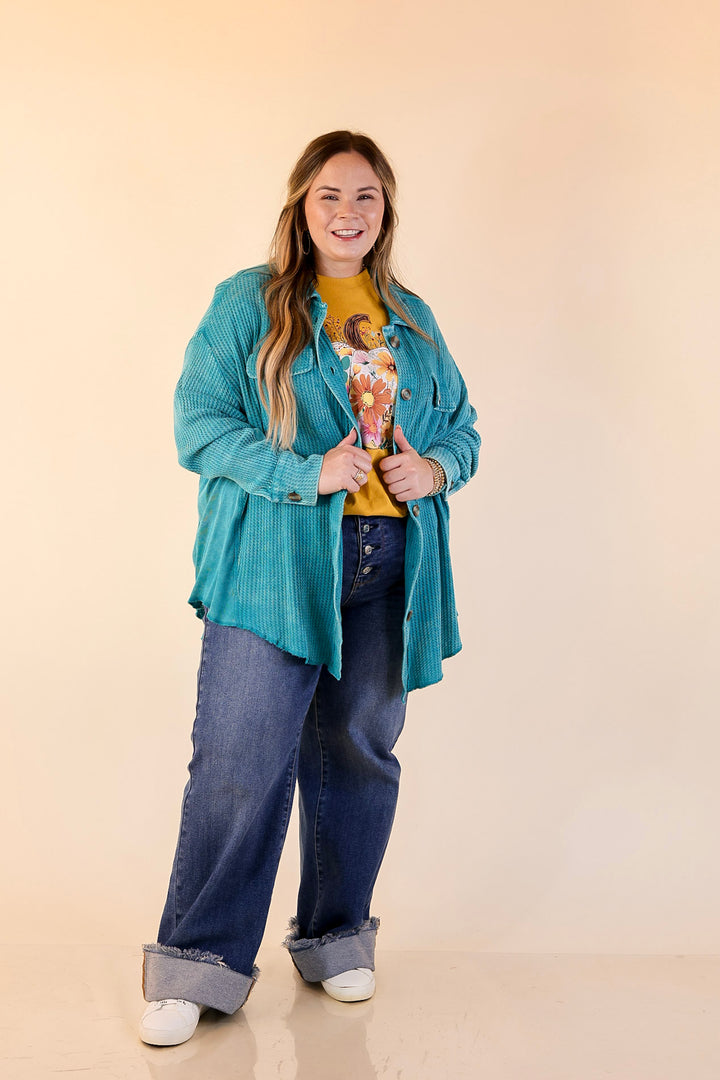 On the Move Long Sleeve Waffle Knit Button Up Shacket in Turquoise Blue