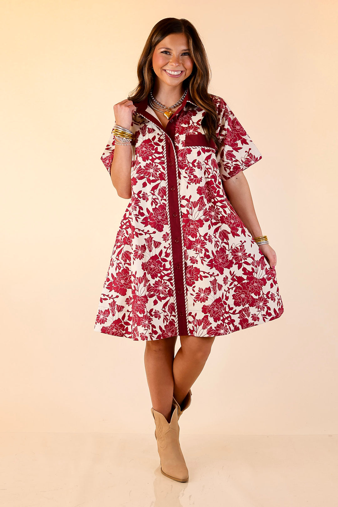 Chic Perspective Collared Button Up Floral Toile Shift Dress in Maroon