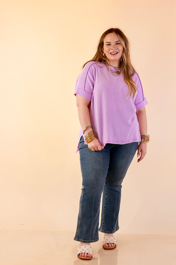 Daily Perfection Scoop Neck Short Sleeve Ribbed Top in Lavender Purple