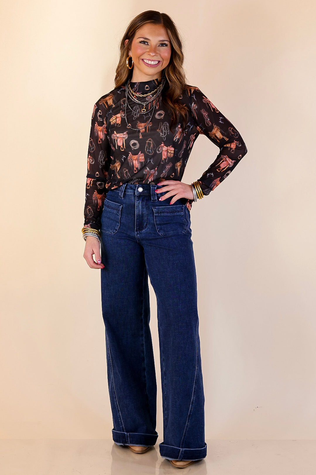 Sheer Confidence Western Saddle and Bits Icons Mesh Long Sleeve Top in Black