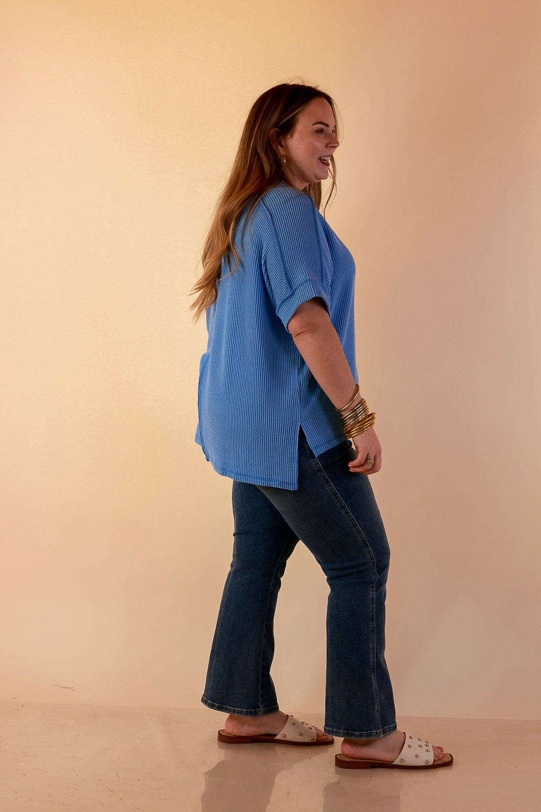 Daily Perfection Scoop Neck Short Sleeve Ribbed Top in Sky Blue