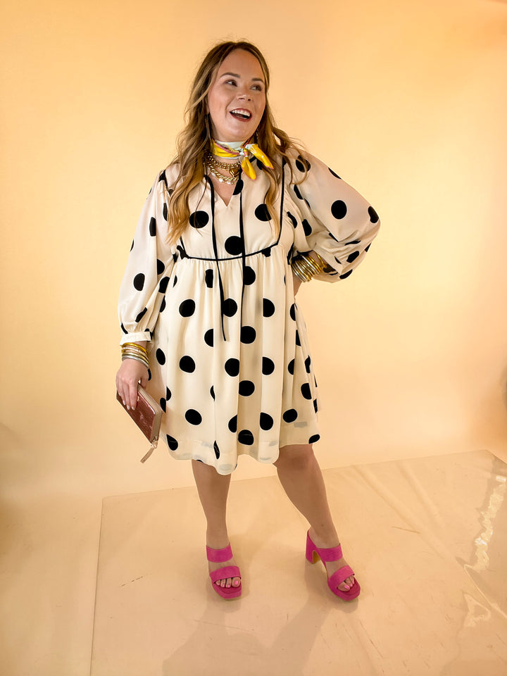 Tea Time Charm Polka Dot Babydoll Dress with Neck Tie and Yoke Detailing in Ivory with Black Dots