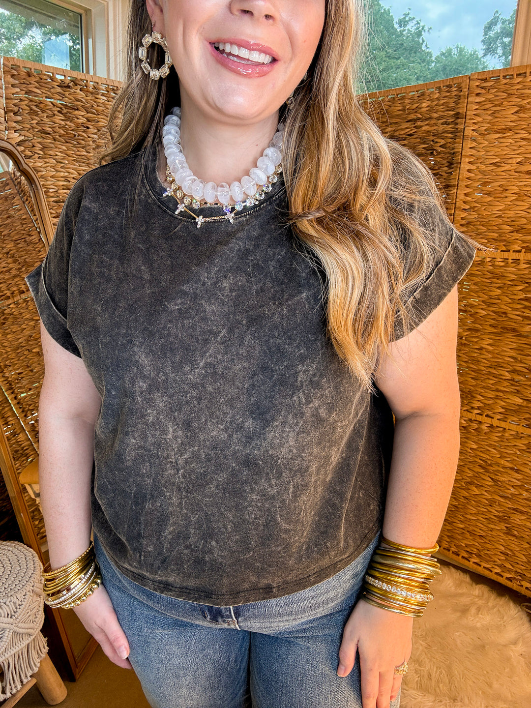 Easy Chic Mineral Washed Short Sleeve Cropped Tee in Ash Black
