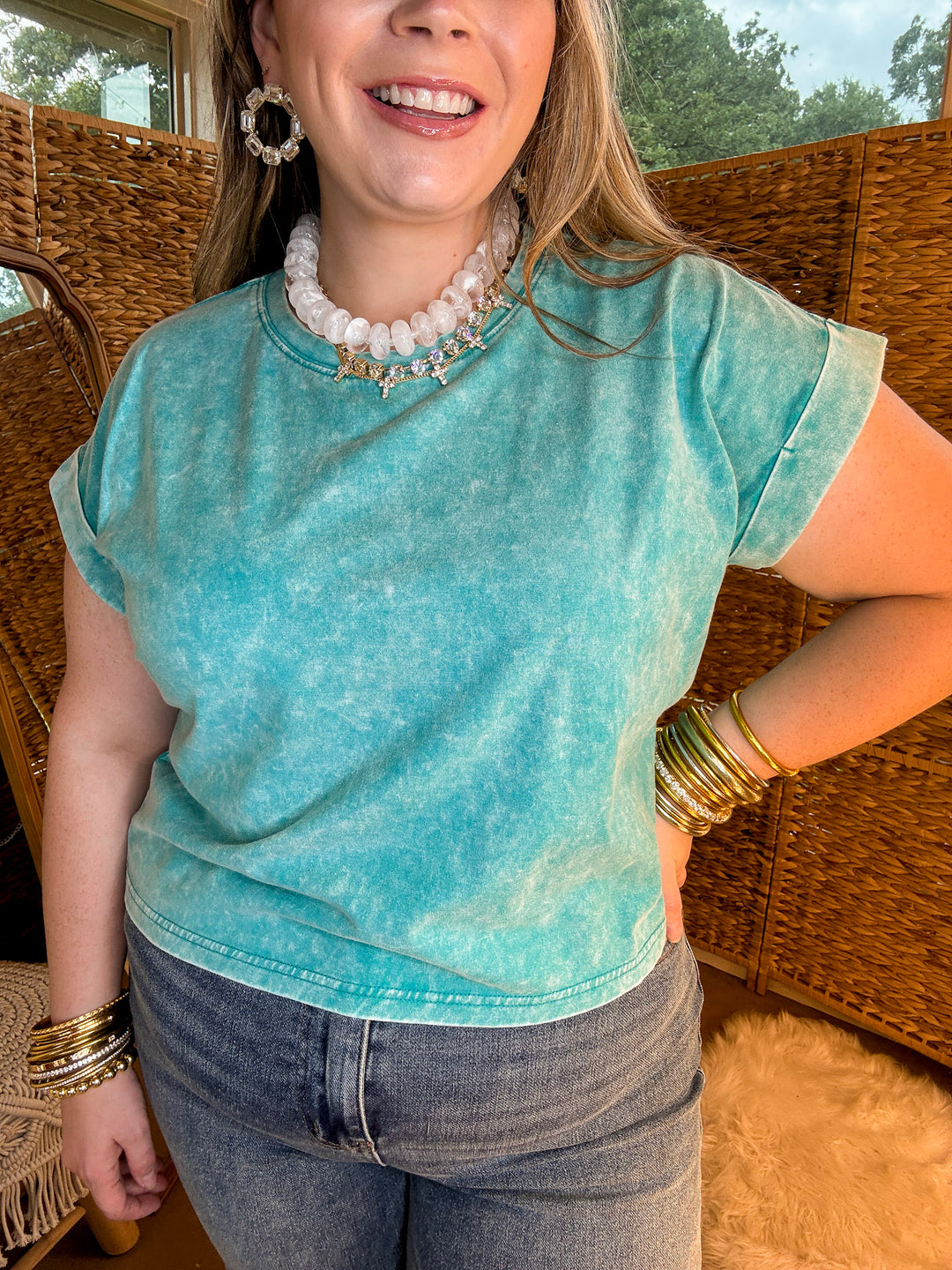 Easy Chic Mineral Washed Short Sleeve Cropped Tee in Teal Blue