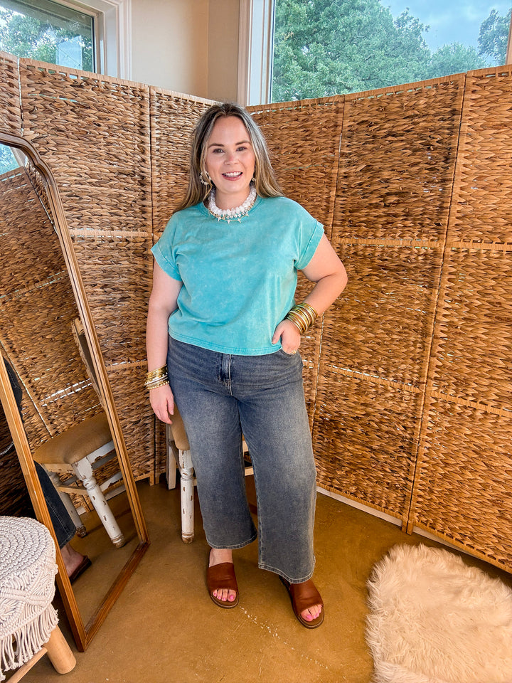 Easy Chic Mineral Washed Short Sleeve Cropped Tee in Turquoise Blue