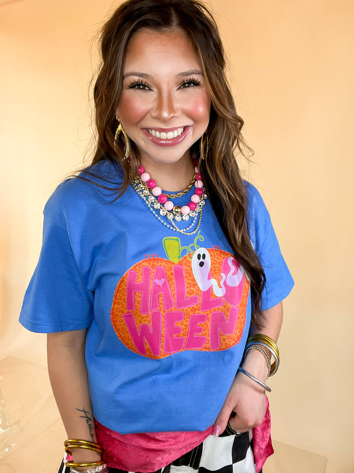 Boo Thing Colorful Leopard Print Pumpkin and Ghost Halloween Graphic Tee in Periwinkle Blue