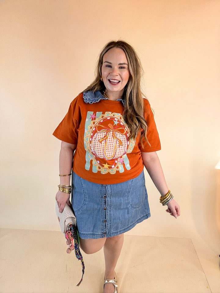 Sweet on the Season Gingham Pumpkin, Stripe and Polka Dot Design with Bow Detail Fall Graphic Tee in Rust Orange