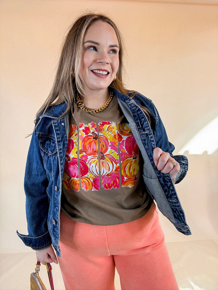 Art of the Season Painted Pumpkin and Floral Watercolor Stripes Fall Graphic Tee in Brown