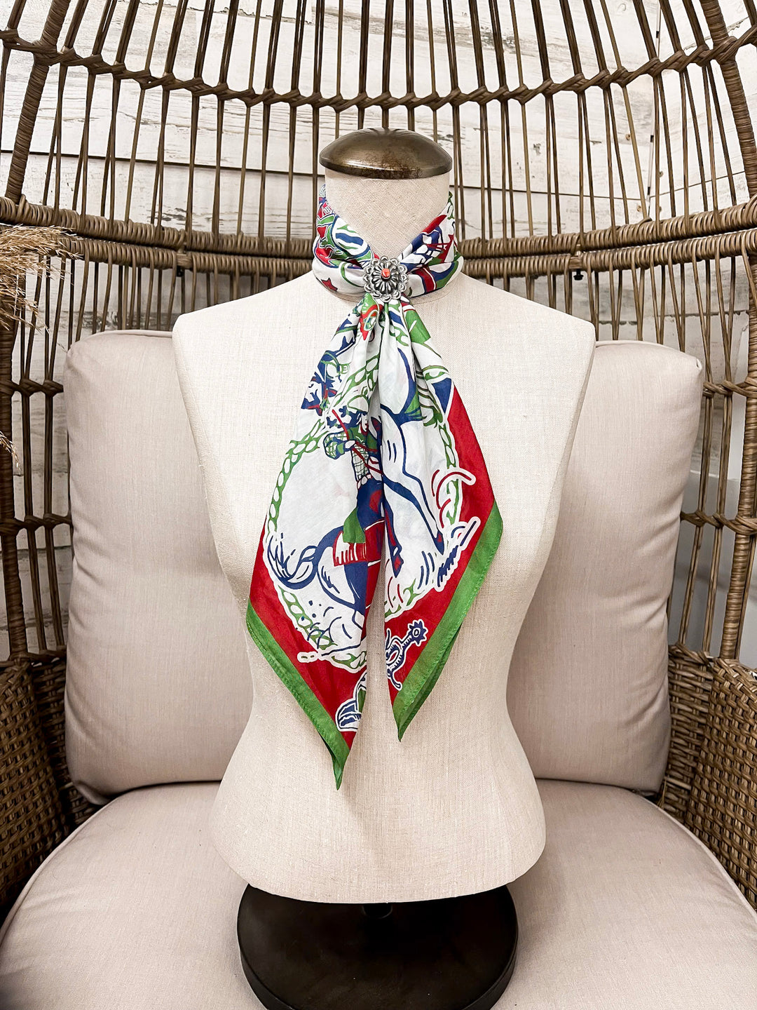 XOXO Art & Co | Greetings from the Rodeo Print Shorty Wild Rag Scarf in Ivory, Green, Red and Blue