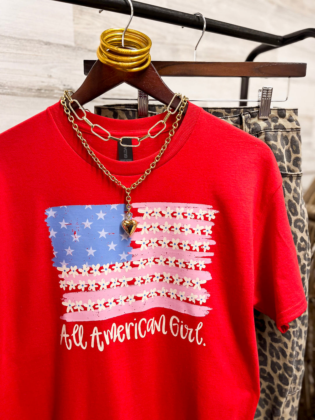 All American Darling USA Floral Flag Coquette Short Sleeve Graphic Tee with Bow Detailing in Red