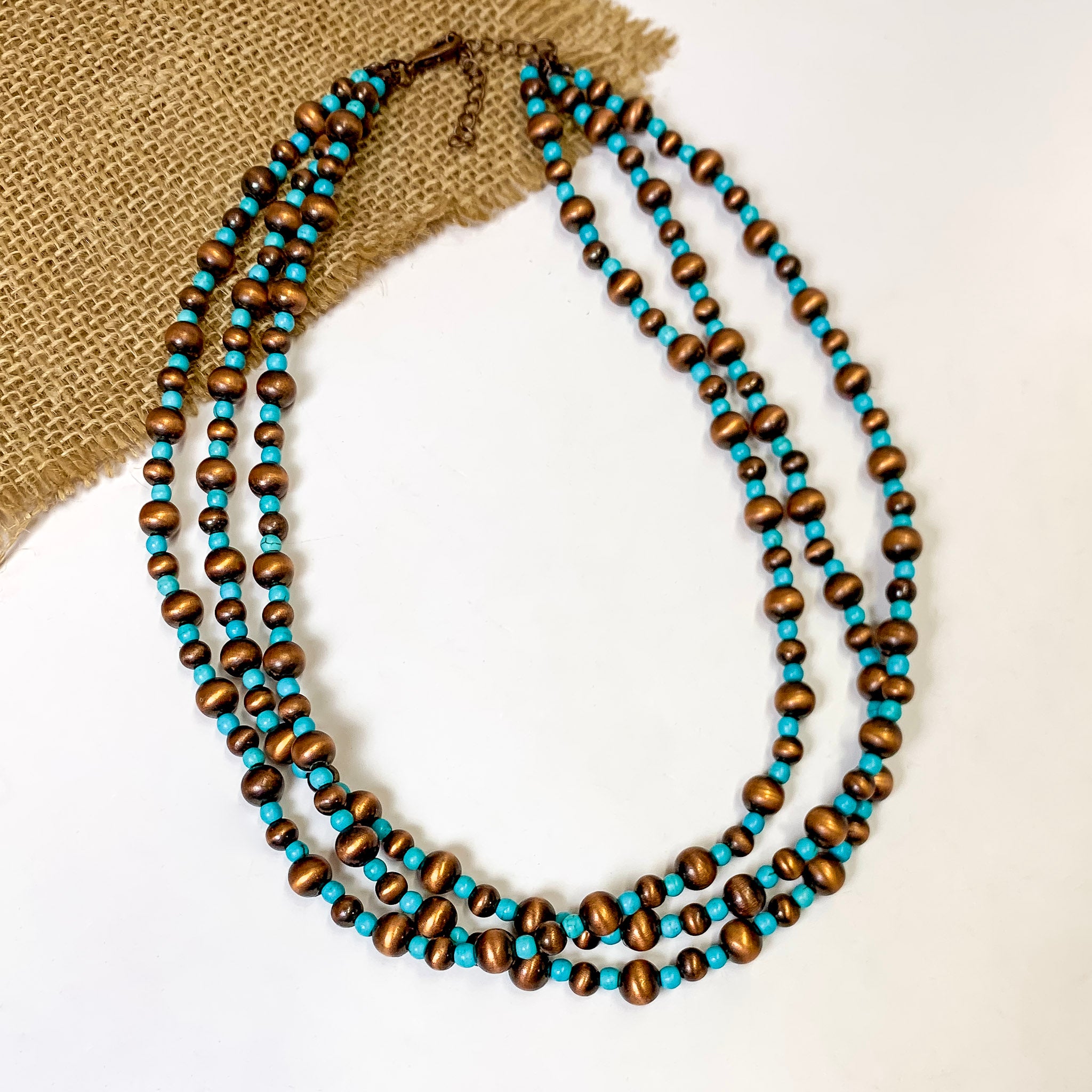 3 Strand Copper Tone Pearl Necklace With Turquoise Beads