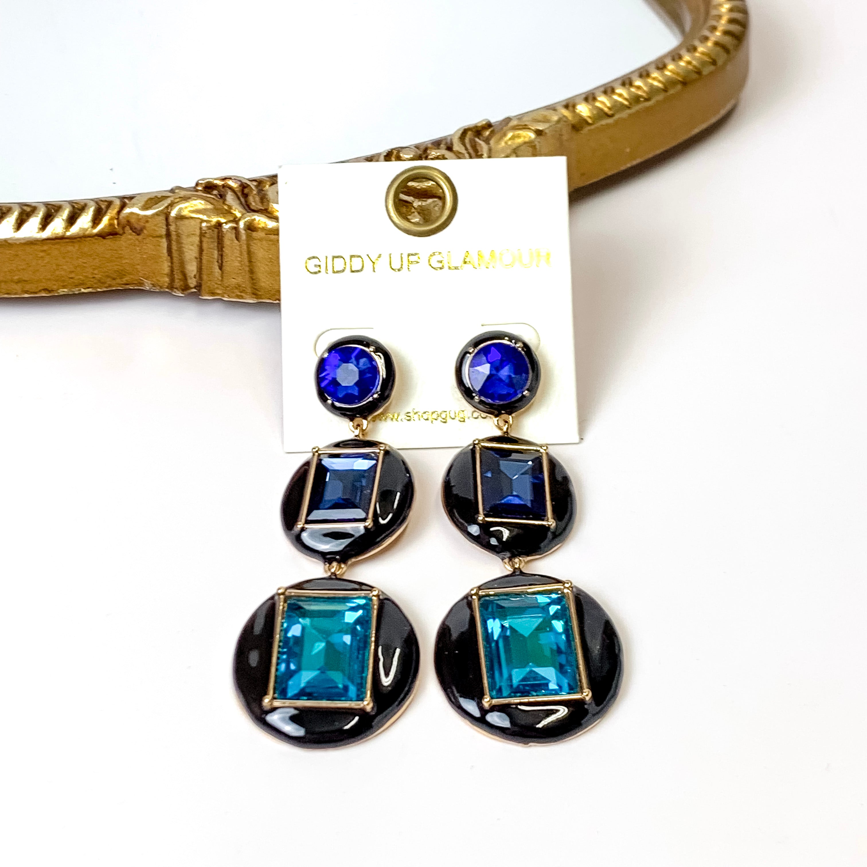 3 Tier Multicolor Enamel Framed Stone Drop Earrings in Jet Black - Giddy Up Glamour Boutique