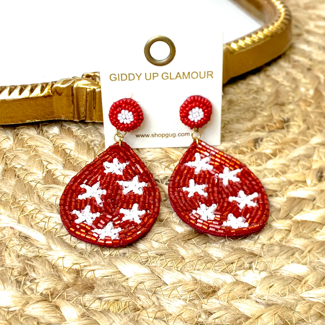 Beaded Teardrop Dangle Earrings with Stars in Burgundy and White - Giddy Up Glamour Boutique
