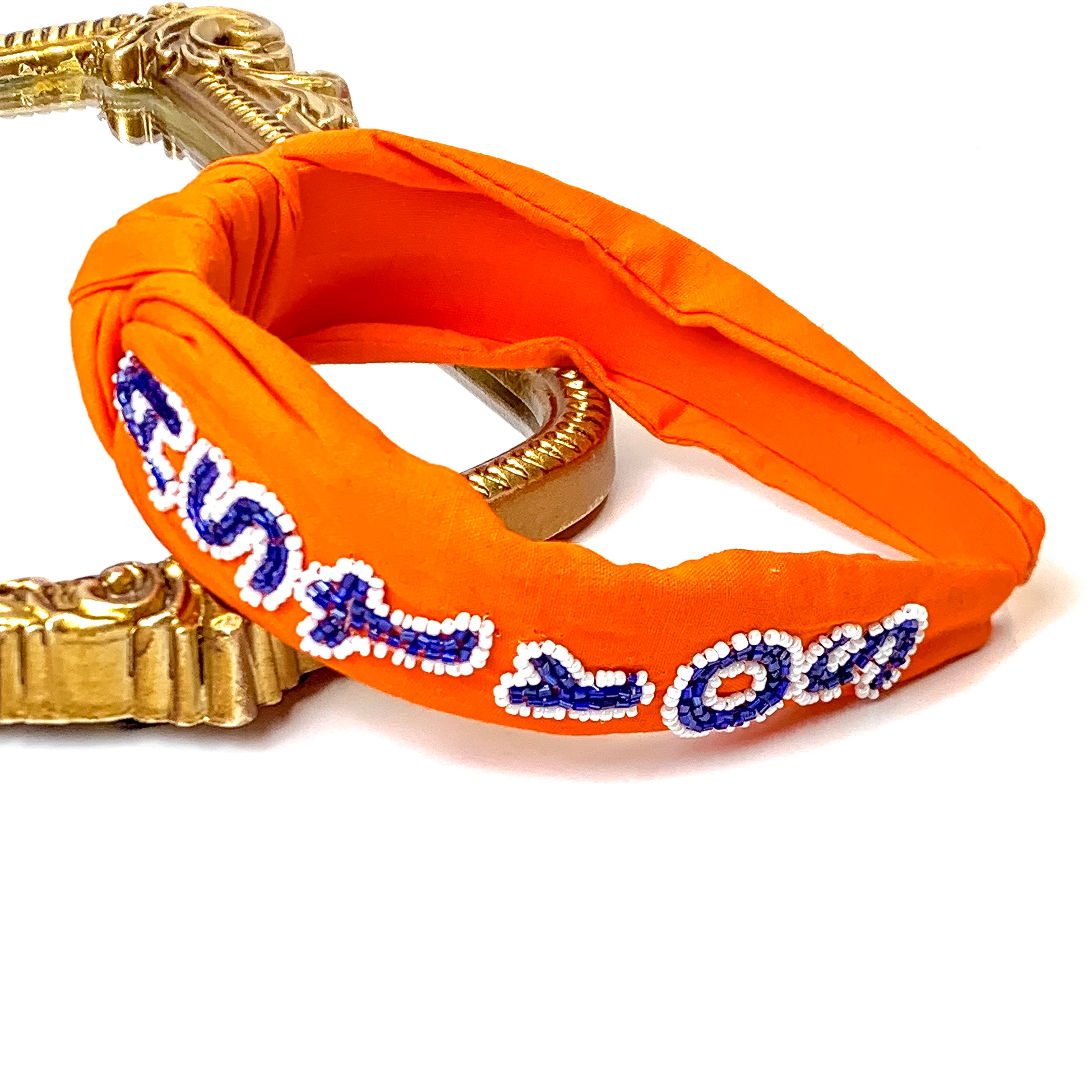 Team Spirit Astros Knot and Sead Beaded Head Band in Orange, Navy Blue, and White - Giddy Up Glamour Boutique