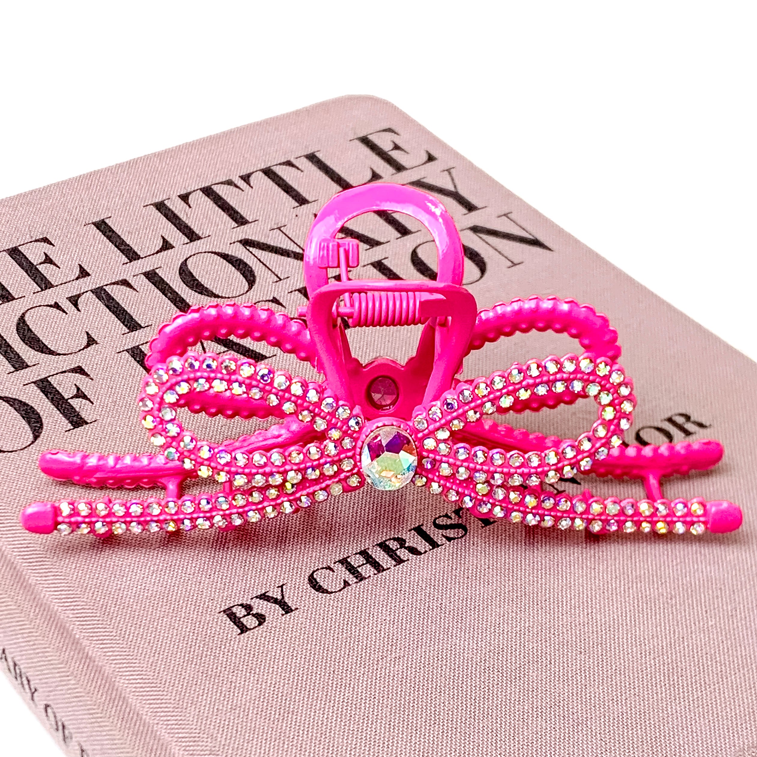 AB Crystal Embellished Ribbon Shaped Metal Hair Clip in Fuchsia Pink - Giddy Up Glamour Boutique