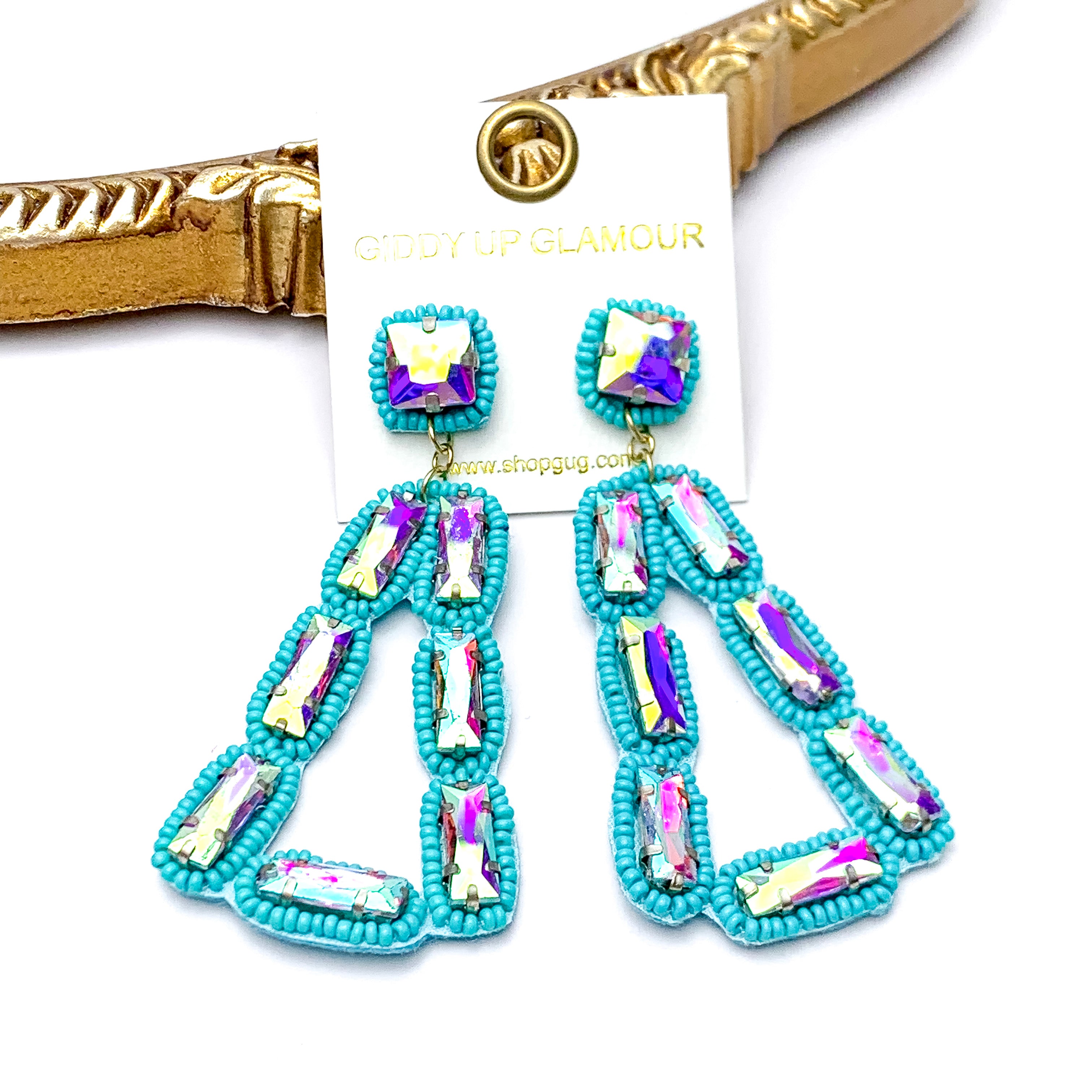 Vibrant Vistas Triangular Seed Bead Drop Earrings with AB Stones in Turquoise