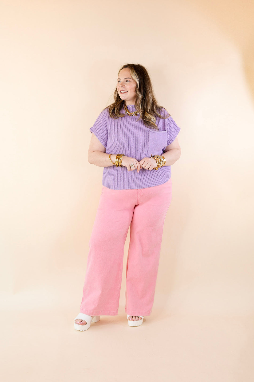 City Sights Cap Sleeve Summer Sweater Top with Pocket in Purple - Giddy Up Glamour Boutique