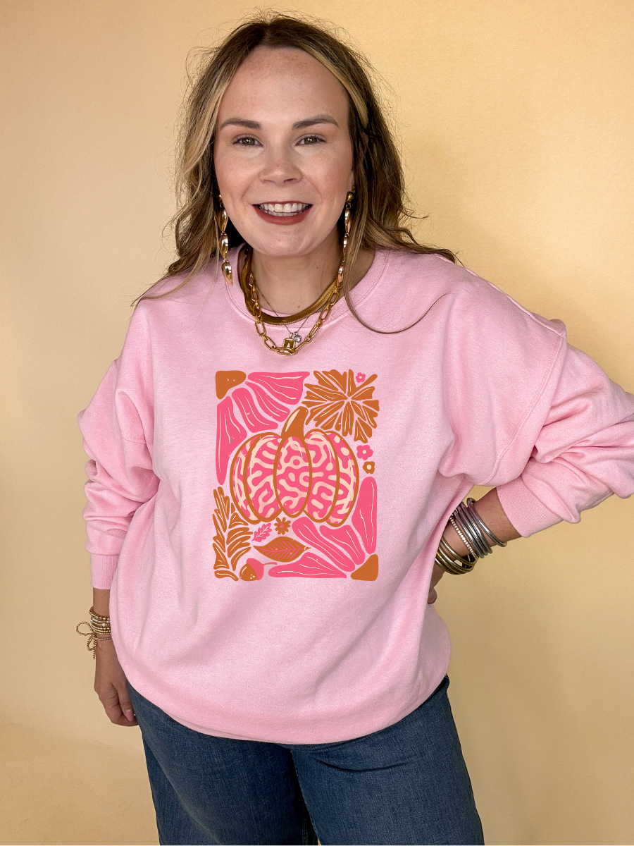 Online Exclusive | Groovy Pink Pumpkin Graphic Sweatshirt in Multiple Color Options