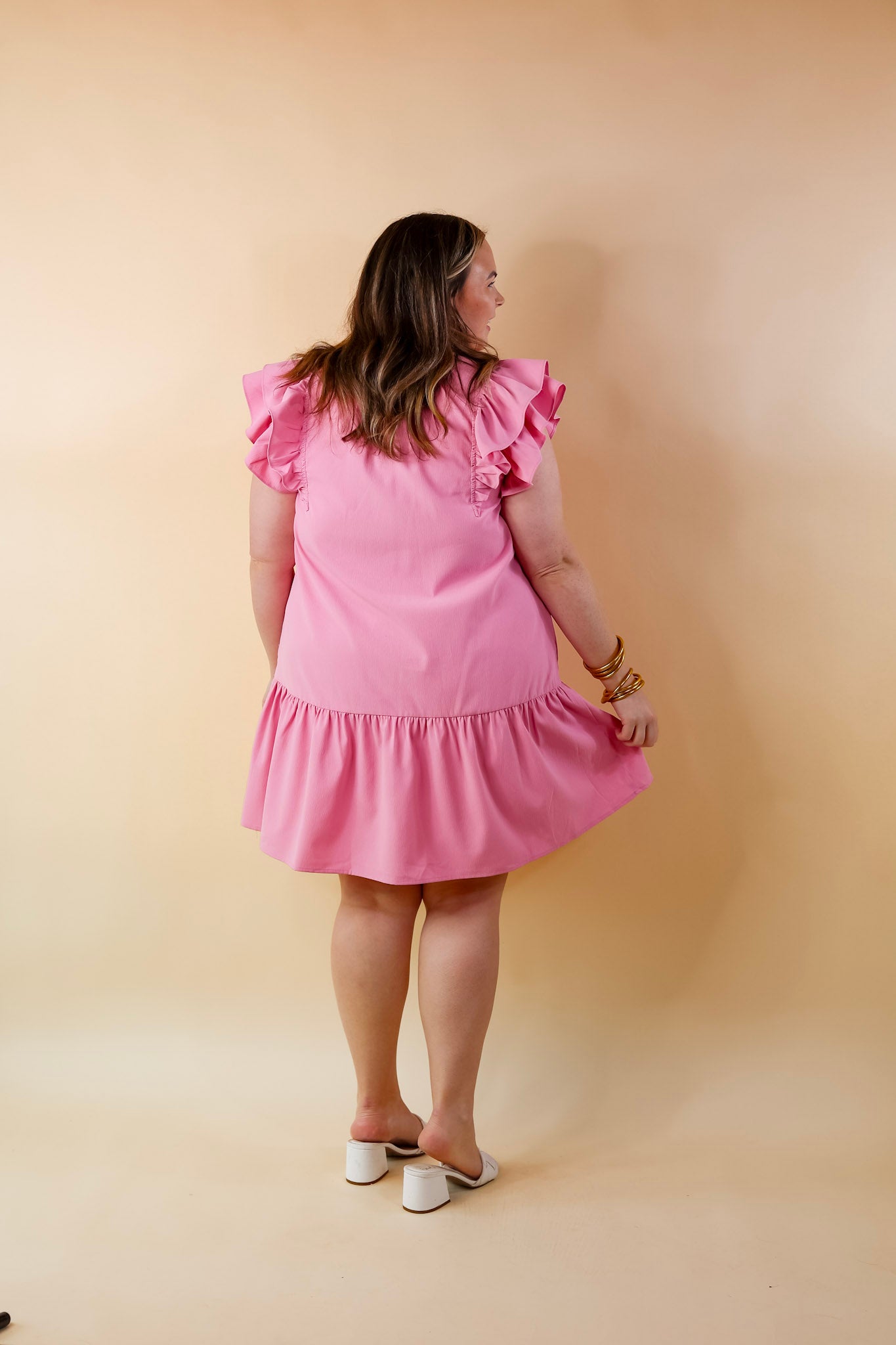 Powerful Love Ruffle Cap Sleeve Dress with Keyhole and Tie Neckline in Light Pink - Giddy Up Glamour Boutique