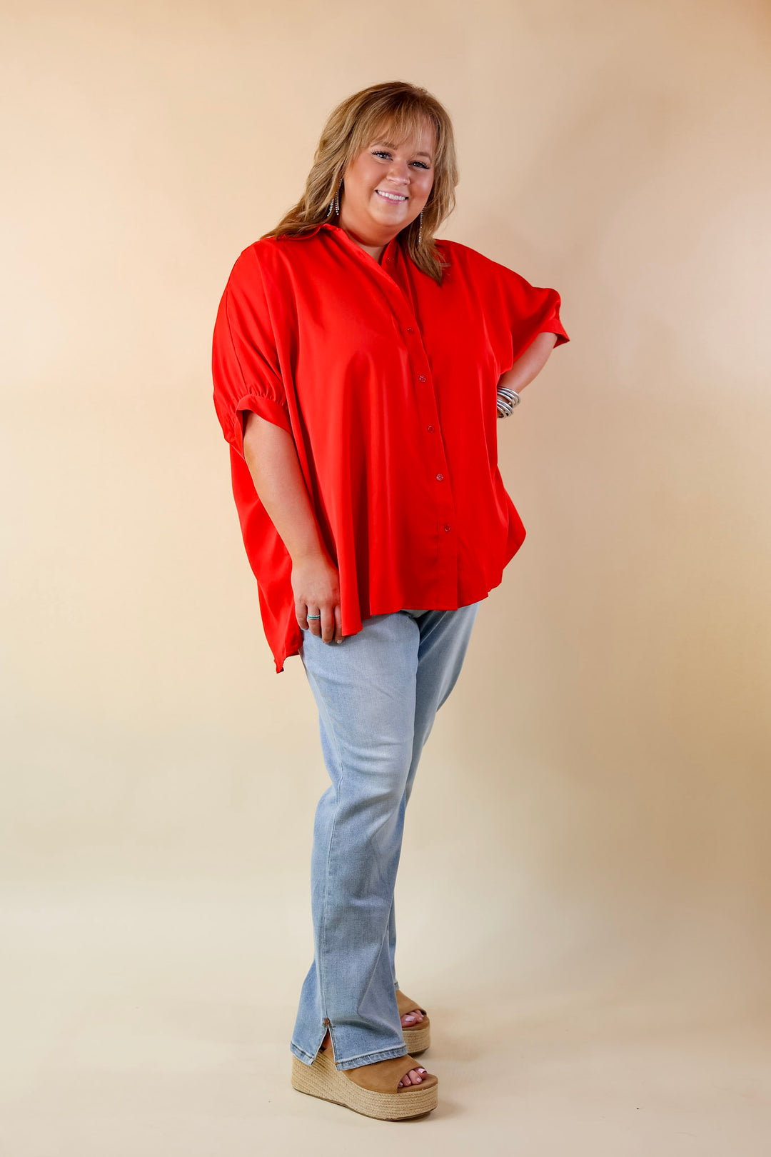 City Lifestyle Button Up Half Sleeve Poncho Top in Red - Giddy Up Glamour Boutique