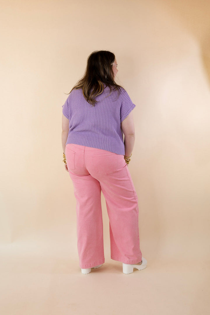 City Sights Cap Sleeve Summer Sweater Top with Pocket in Purple - Giddy Up Glamour Boutique