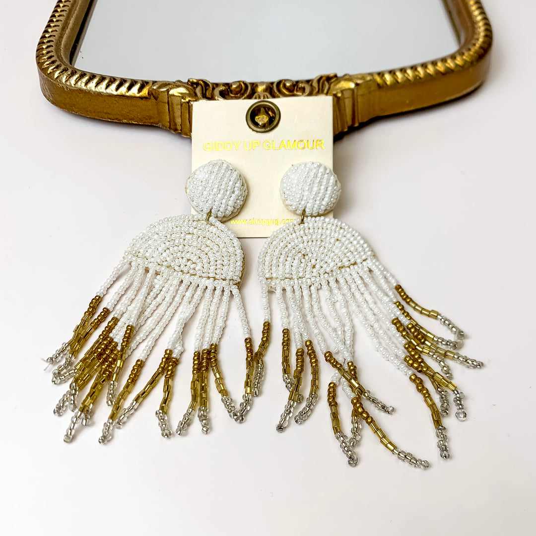 Semi Circle Drop Beaded Earrings with Tassels in White - Giddy Up Glamour Boutique