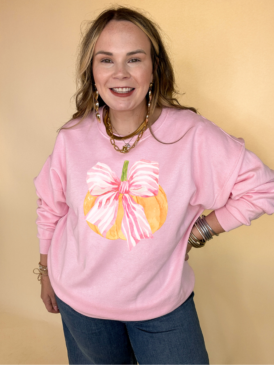 Online Exclusive |  Bow-tastic Orange Pumpkin with Giant Pink Bow Graphic Sweatshirt in Multiple Color Options