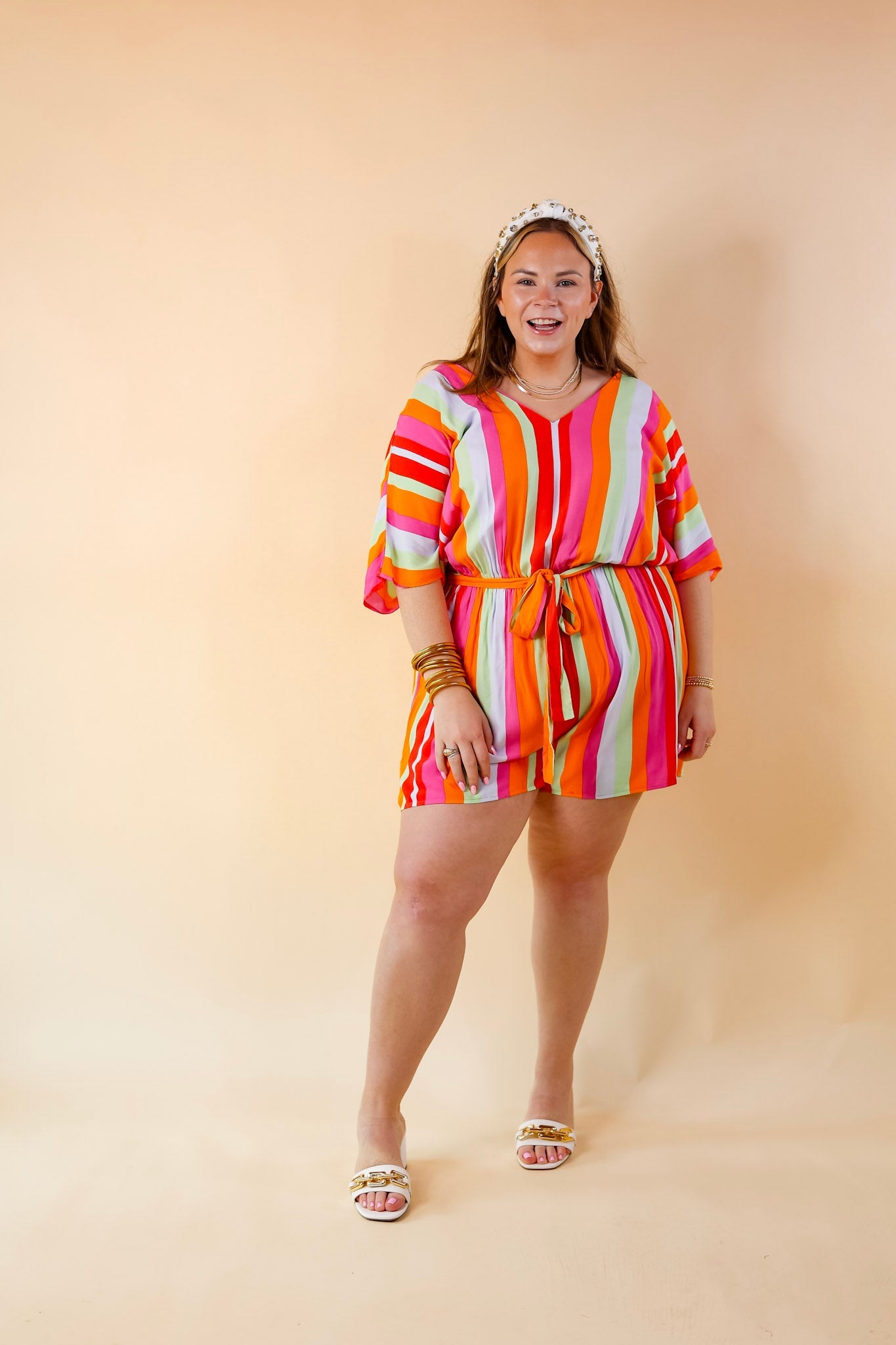 Sun And Shade Striped Romper with Short Sleeves in Pink Mix - Giddy Up Glamour Boutique