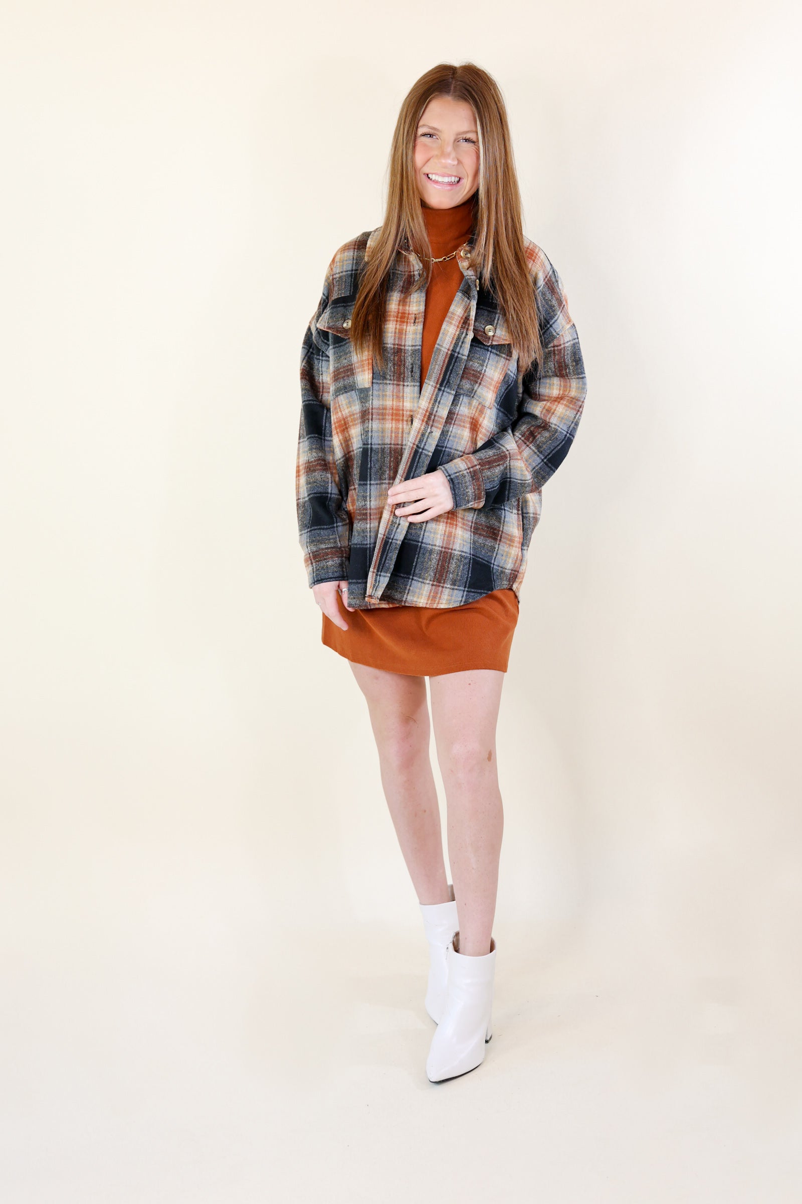 Kindness Everywhere Button Up Plaid Shacket in Black Mix - Giddy Up Glamour Boutique