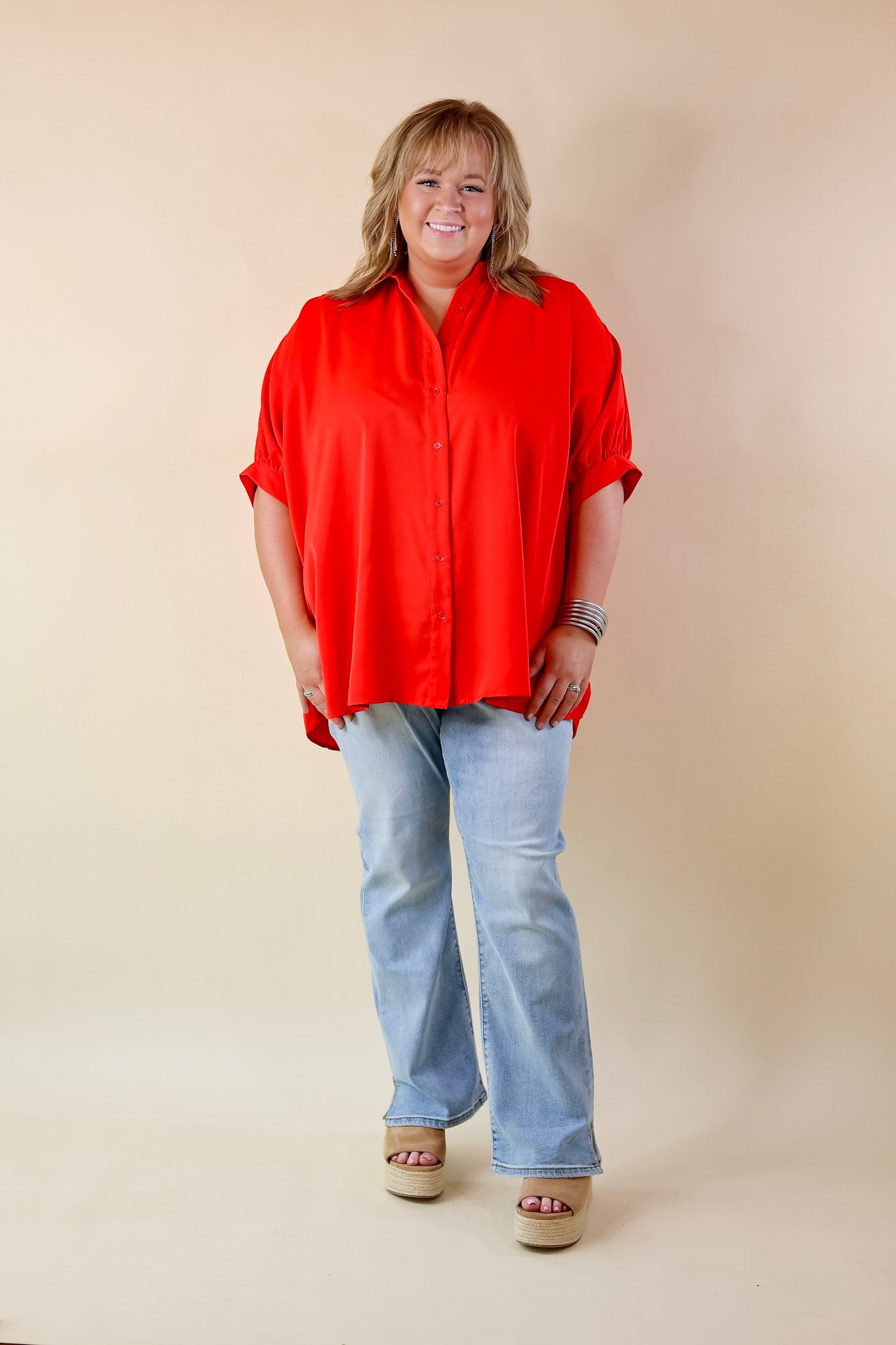 City Lifestyle Button Up Half Sleeve Poncho Top in Red - Giddy Up Glamour Boutique