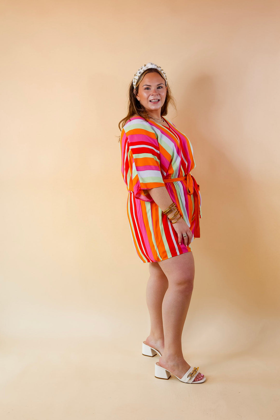 Sun And Shade Striped Romper with Short Sleeves in Pink Mix - Giddy Up Glamour Boutique