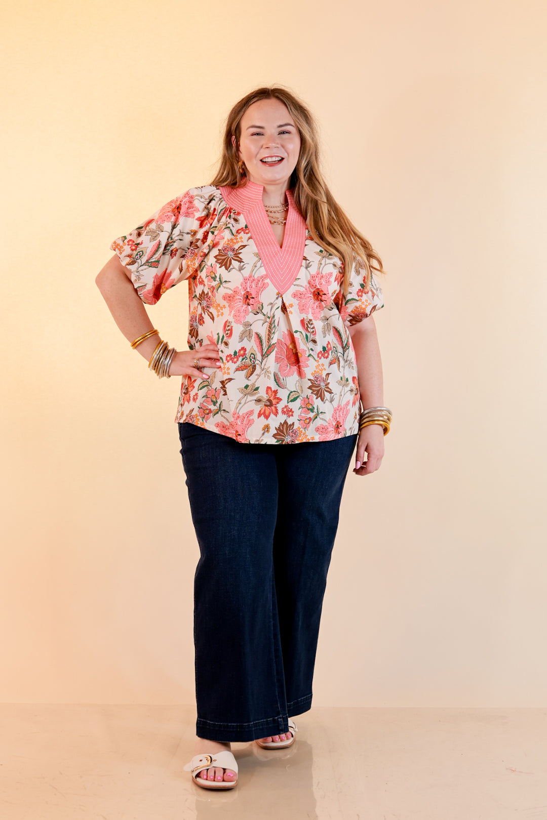 Secret Garden Floral Print Top with Contrast Collar and Puff Sleeves in Pink Multi