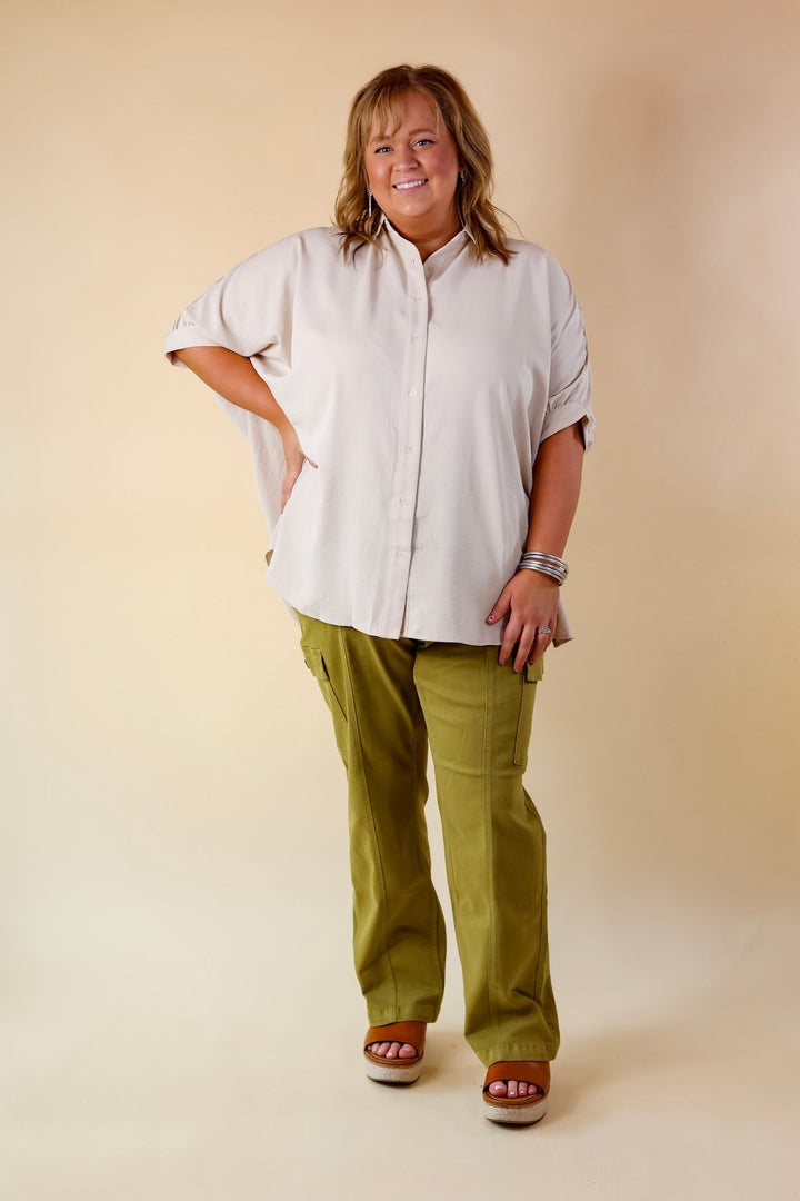 City Lifestyle Button Up Half Sleeve Poncho Top in Cream - Giddy Up Glamour Boutique