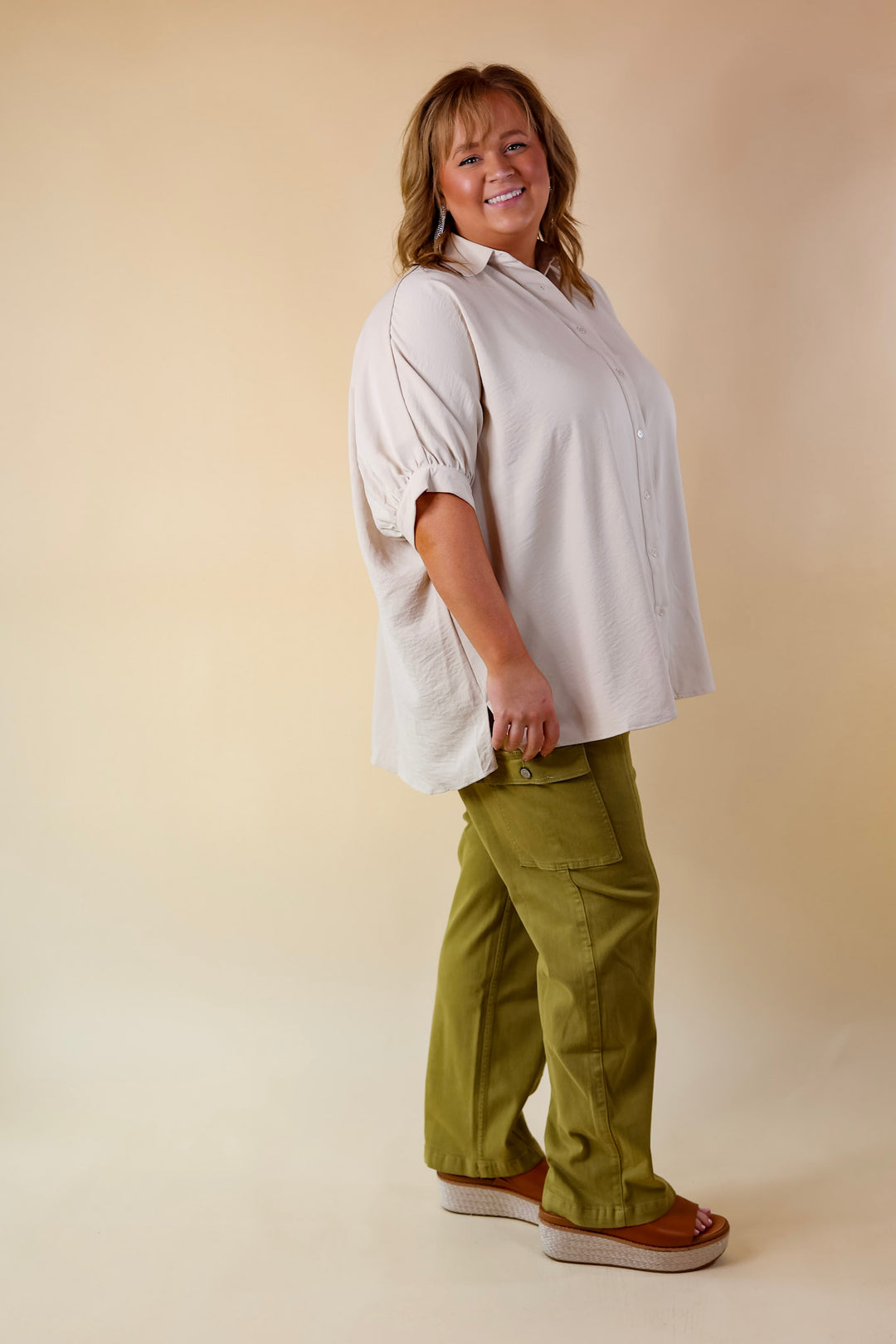 City Lifestyle Button Up Half Sleeve Poncho Top in Cream - Giddy Up Glamour Boutique