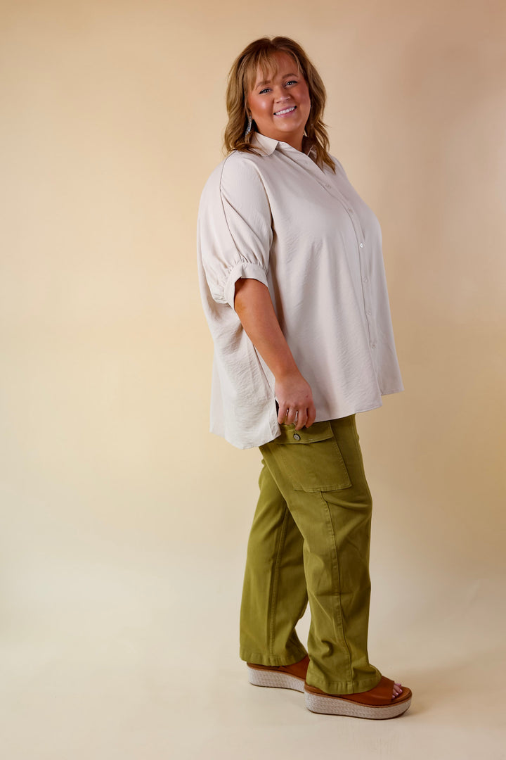 City Lifestyle Button Up Half Sleeve Poncho Top in Cream - Giddy Up Glamour Boutique