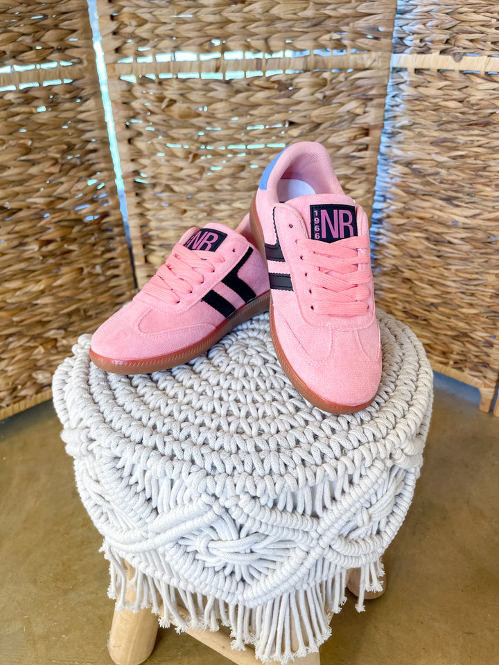 Naughty Monkey | Right on Track Retro Lace-Up Sneaker in Pink with Black Stripes