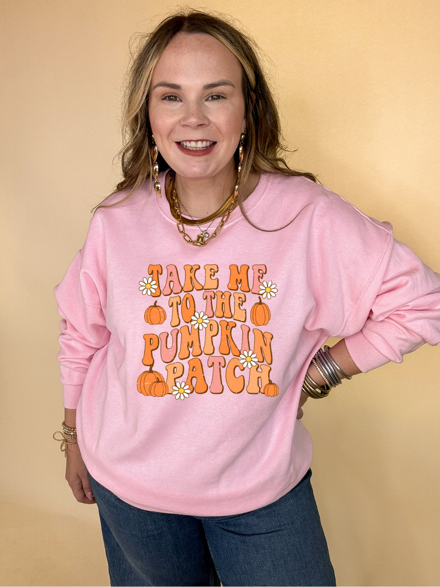 Online Exclusive | Take Me to The Pumpkin Patch Graphic Sweatshirt with Flowers and Pumpkins in Multiple Color Options