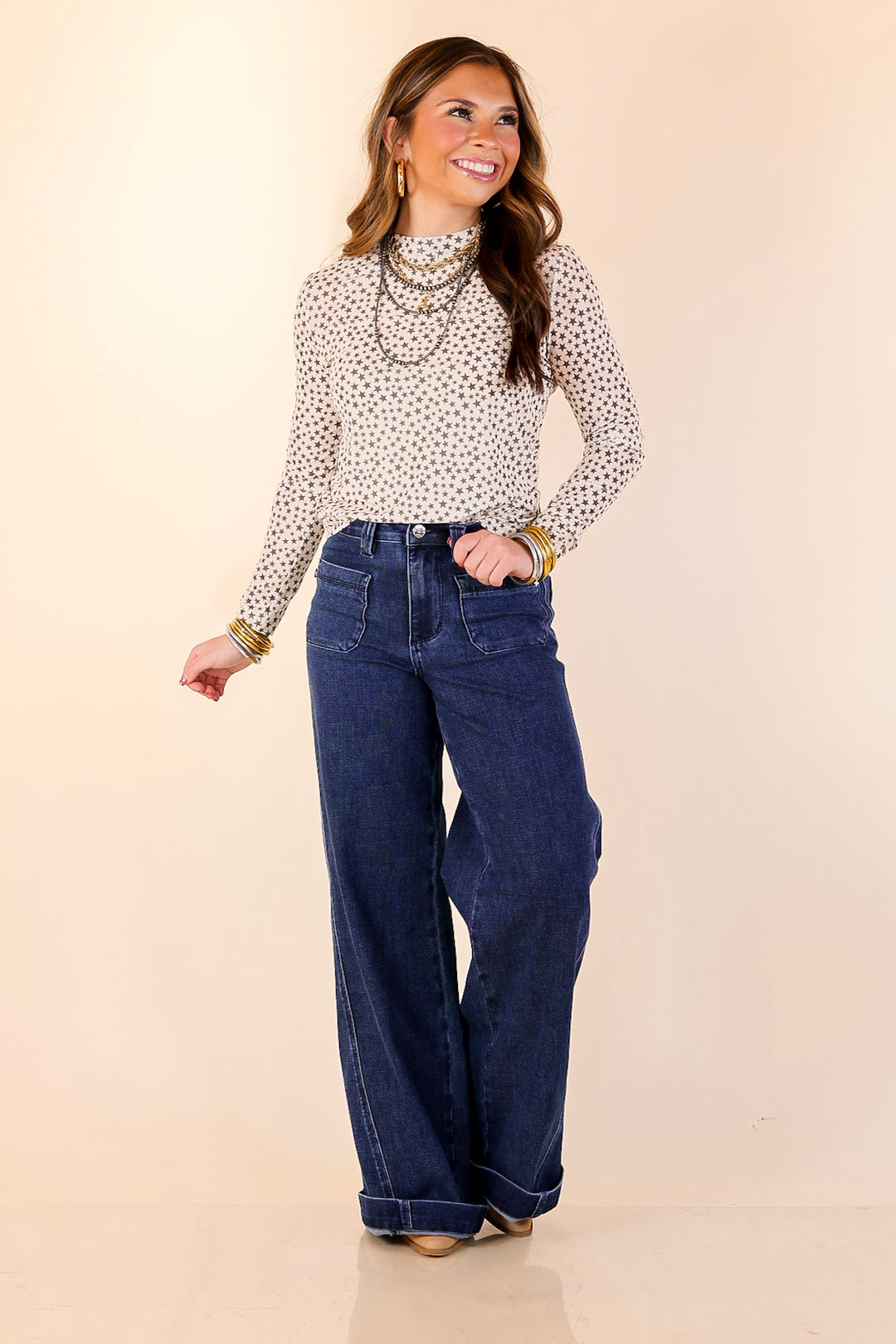 Western Dream Black Star Print Mesh Long Sleeve Top in Ivory