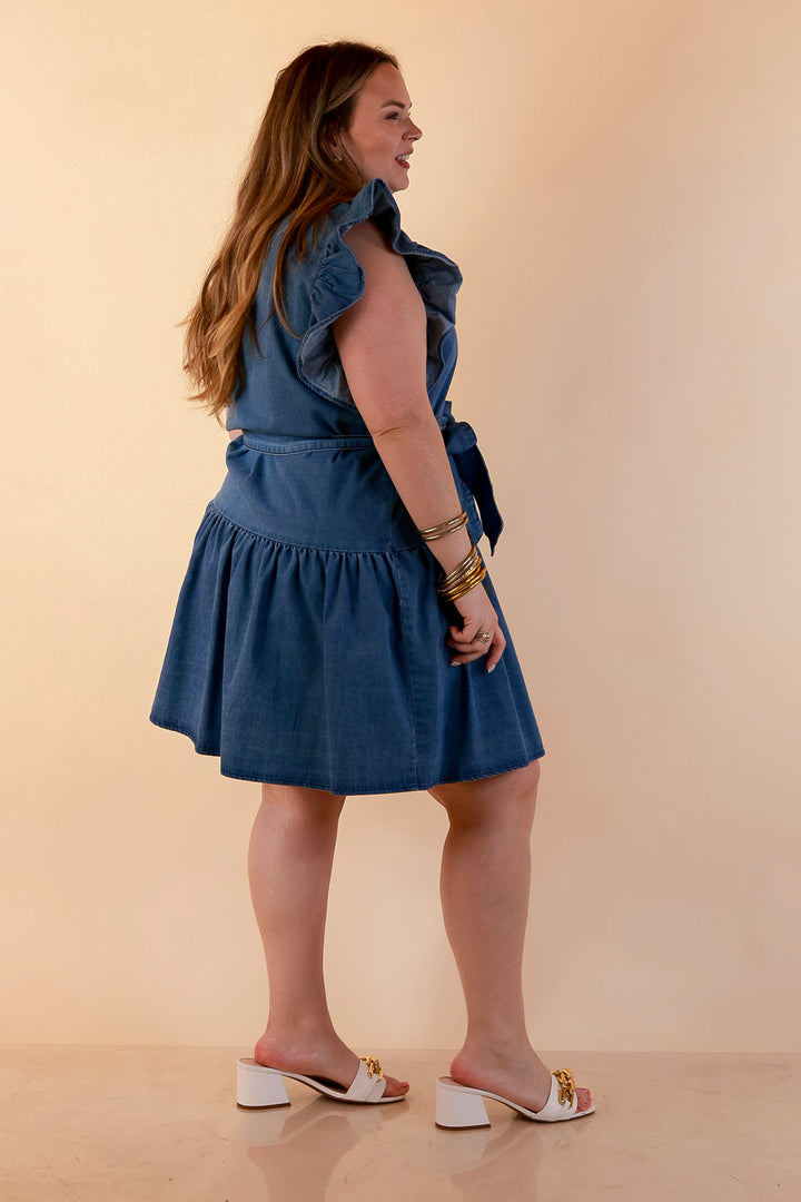 Ruffled up Ruffle Sleeve Button Front Denim Dress with Collar and Peplum Hem in Medium Wash