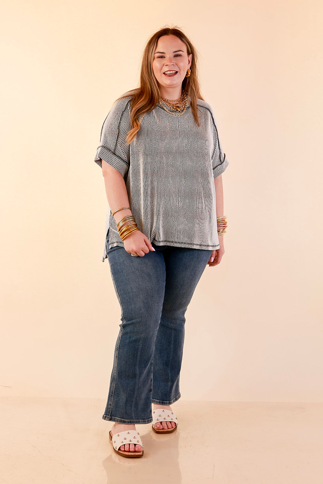 Daily Perfection Scoop Neck Short Sleeve Ribbed Top in Black and White Mix
