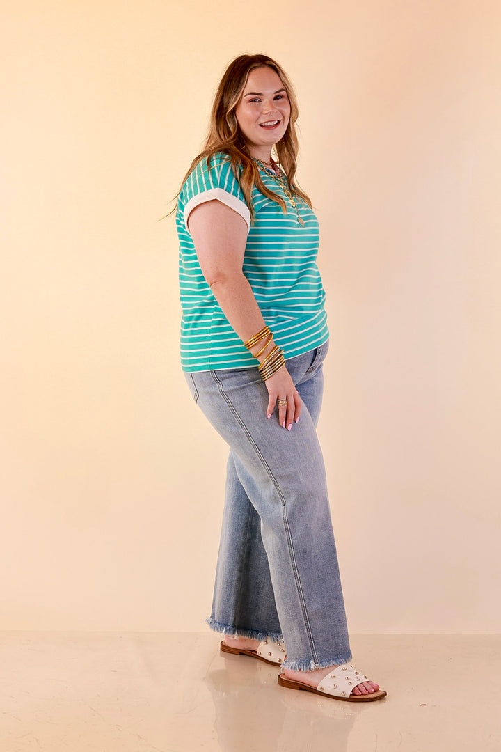 Right on Repeat Scoop Neck Cap Sleeve with Contrast Trim Striped Tee Top in Turquoise Blue