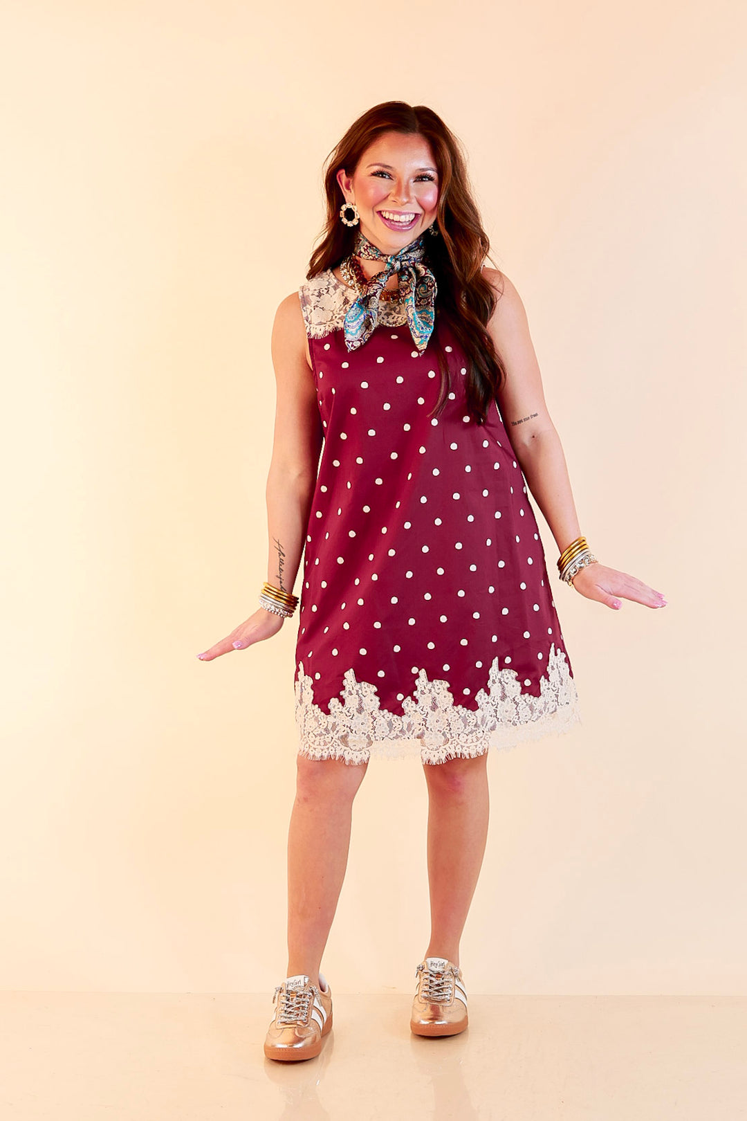 Lovely Little Details Polka Dot Lace Trim Sleeveless Shift Dress in Maroon and Ivory