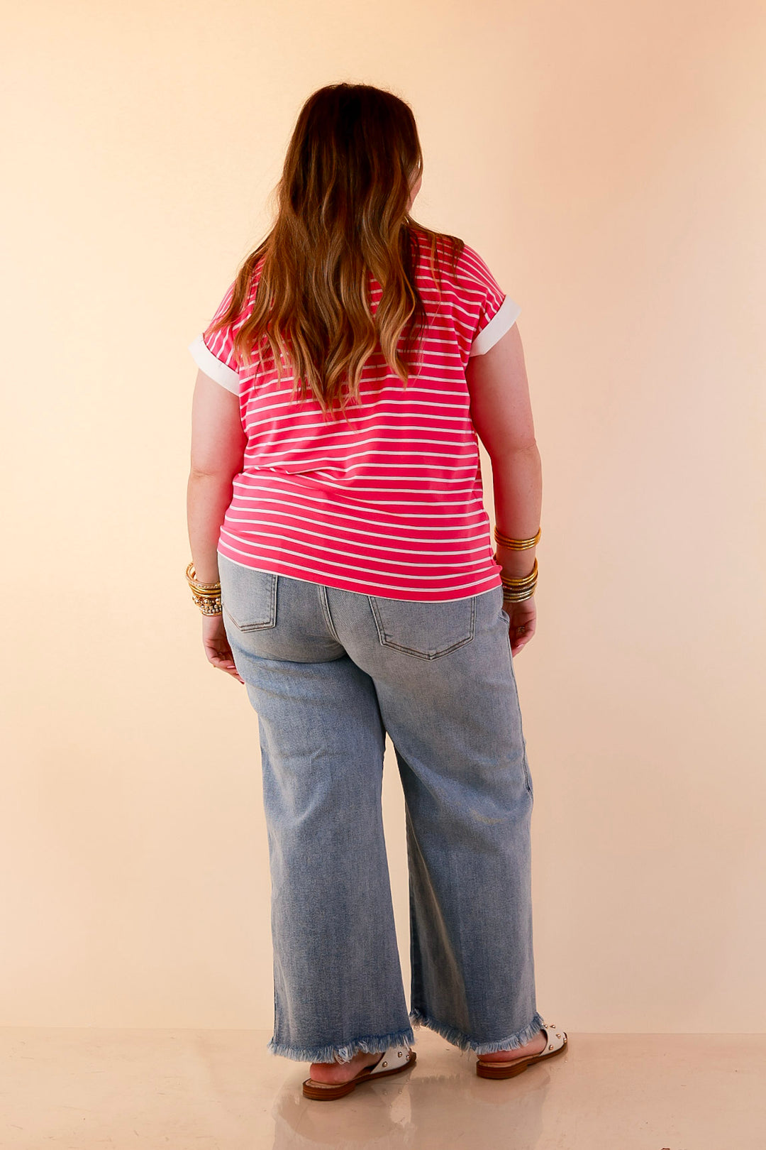 Right on Repeat Scoop Neck Cap Sleeve with Contrast Trim Striped Tee Top in Fuchsia Pink
