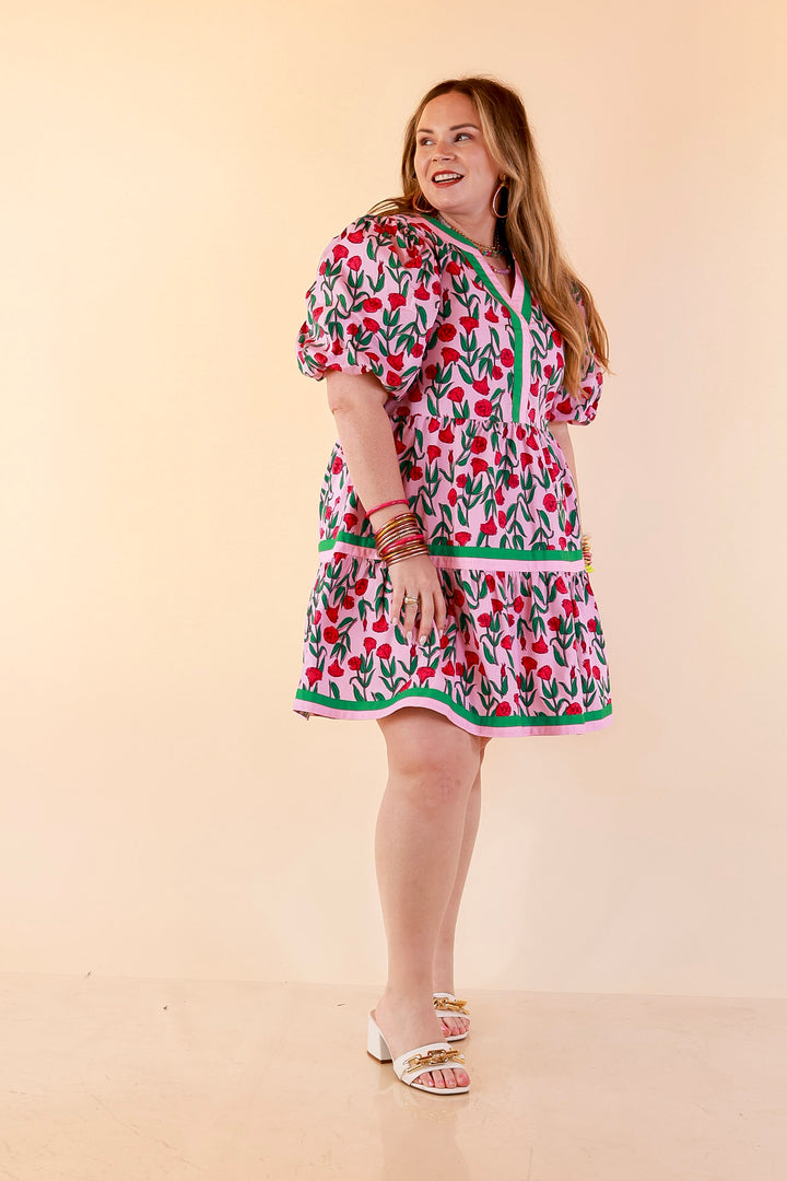 Mud Pie | Blooming Delight Floral Print Mini Dress with Puff Sleeves, Contrast Trim, and Tiered Skirt in Pink and Green