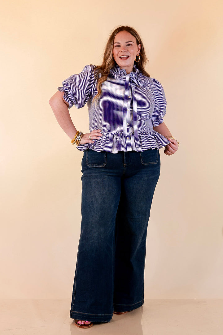 Tea Time Charm Tie Neck Puff Sleeve Peplum Button Front Stripe Blouse in Royal Blue