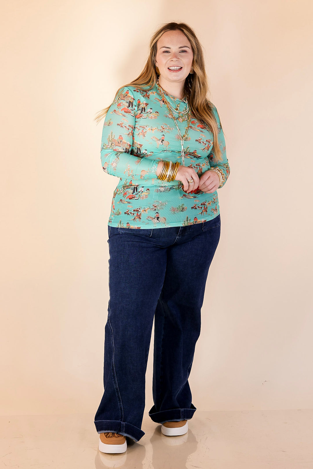 Western Dream Cowboy Cattle Drive Print Long Sleeve Mesh Top in Turquoise Blue