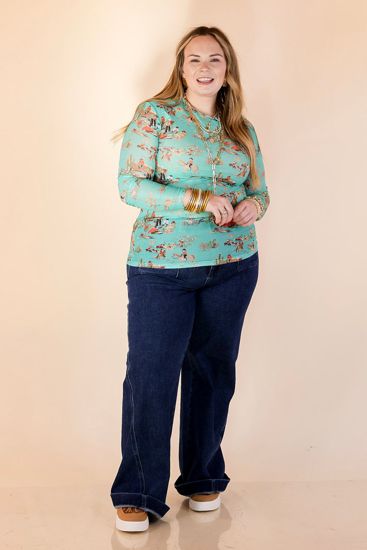 Western Dream Cowboy Cattle Drive Print Long Sleeve Mesh Top in Turquoise Blue