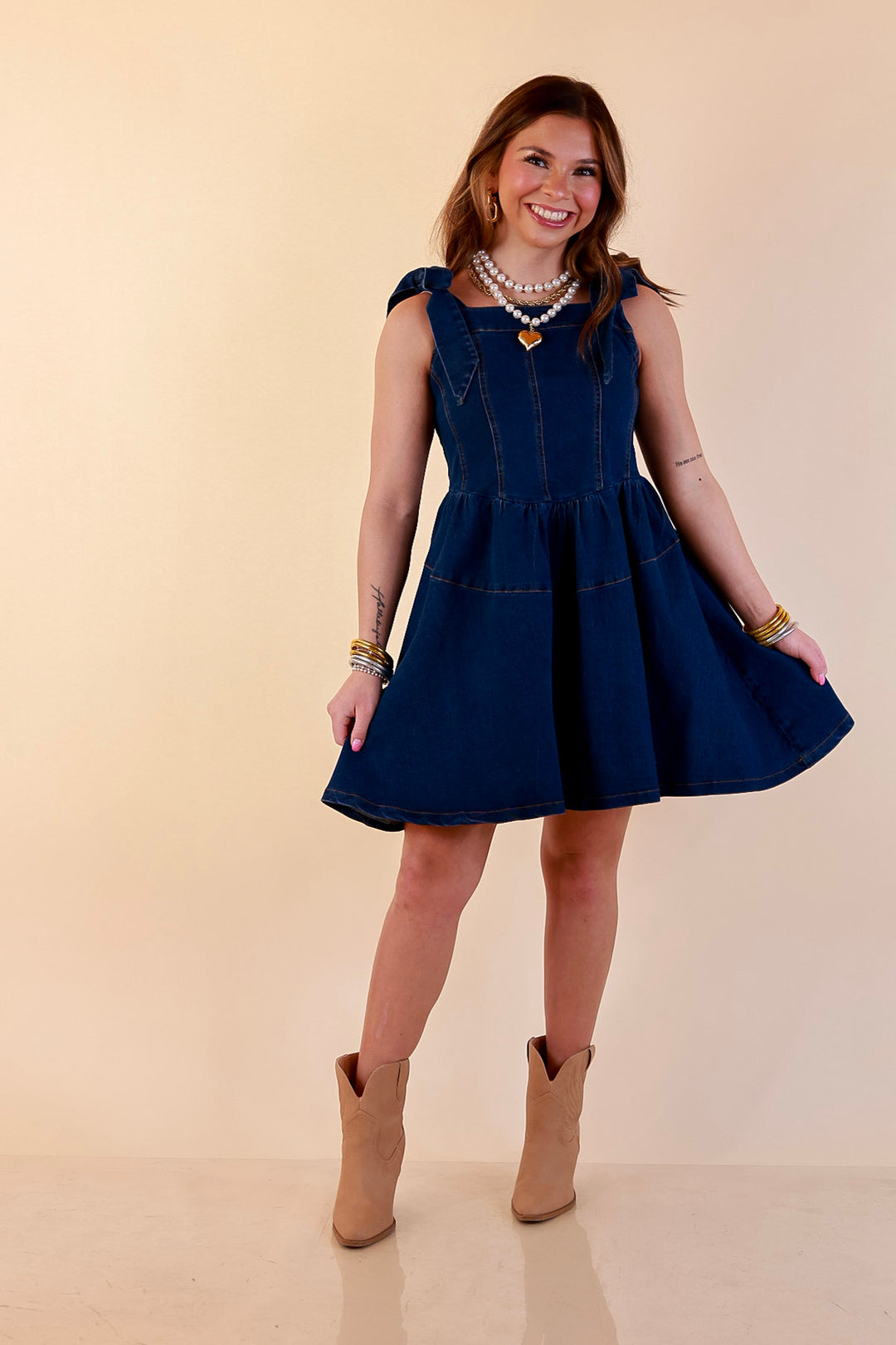 Denim Daydream Tie Shoulder Square Neck Tiered Corset Denim Mini Dress in Dark Wash